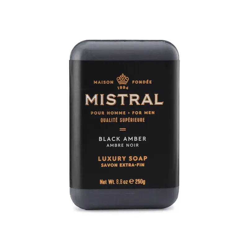Mistral Savon-barre Luxe Ambre Noire pour Homme – Savon Naturel Moulé Trois Fois, Sans Parabènes, Fabriqué en France | 250 g