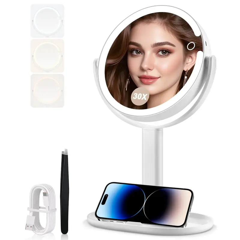 MIYADIVA Miroir de Maquillage avec Lumières – Miroir 30x 2 Faces, 3 Couleurs, 80 LEDs, Batterie 3000 mAh, 8,8 pouces