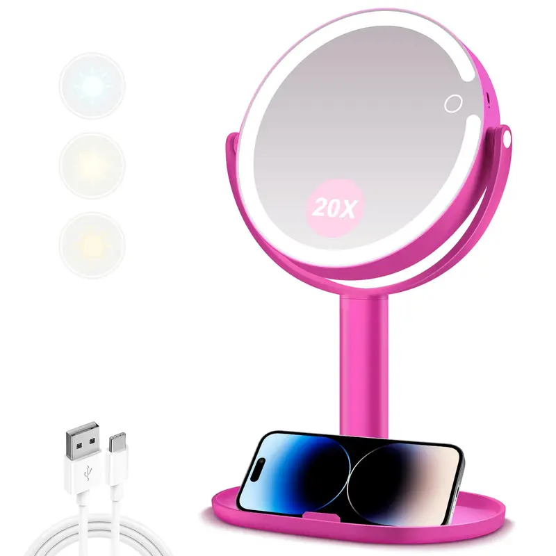 MIYADIVA Miroir de Maquillage Lumineux 20x – 3 Couleurs, 80 DEL, Batterie 2000 mAh