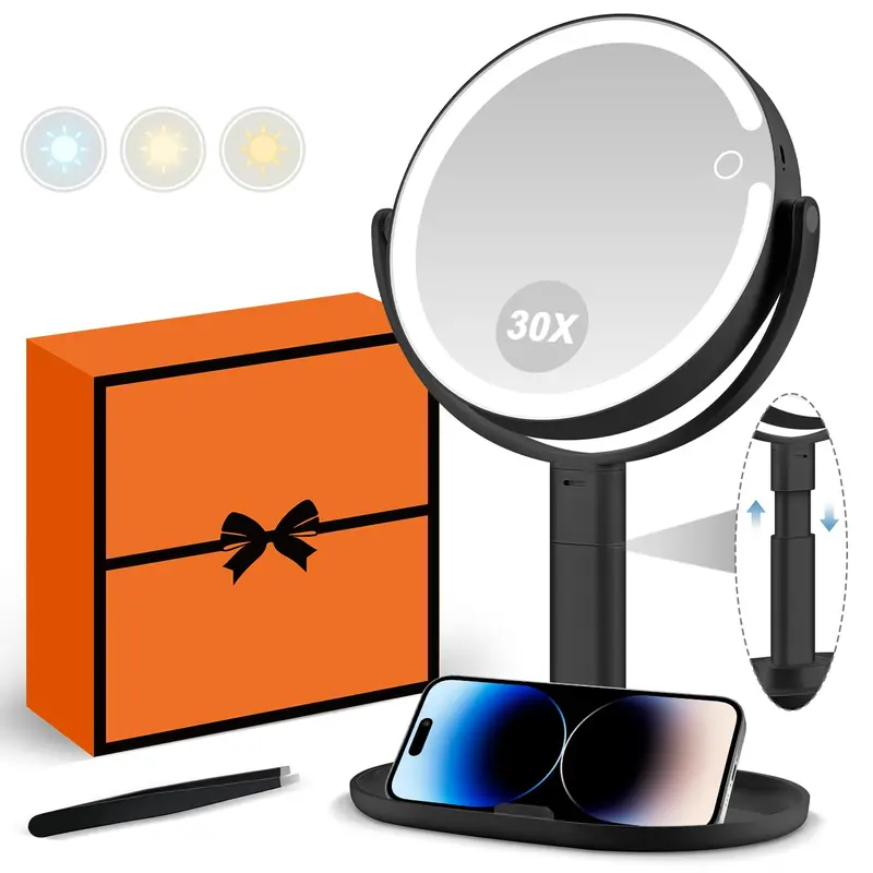 MIYADIVA Miroir Maquillage Lumières 30x – 3 Couleurs, 80 LEDs, Hauteur Réglable