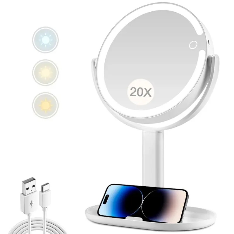 MIYADIVA Miroir Maquillage Lumineux 20x – 8,8 pouces, 80 LED, 3 couleurs, batterieRechargeable
