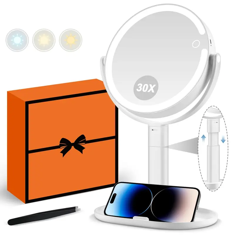 MIYADIVA Miroir Maquillage Lumineux 30x | 80 LEDs, 3 Couleurs, Hauteur Réglable