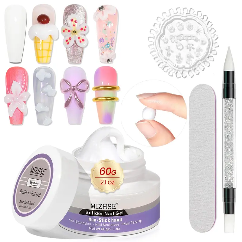 MIZHSE Gel Builder Ongles Blanc 60g – Extensions 3D, UV/LED, Non Collant
