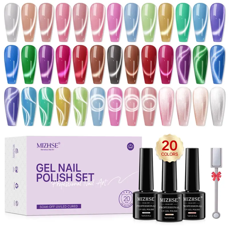 MIZHSE Vernis Gel Cat Eye – Kit Magnétique en Céramique, 20 Couleurs + Aimant Double, Effet Œil de Chat