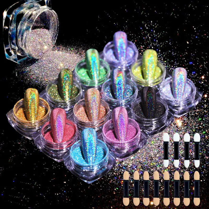 MKNZOME Poudre à Ongles Chrome Holographique – Ensemble 12 Pots + Applicateurs
