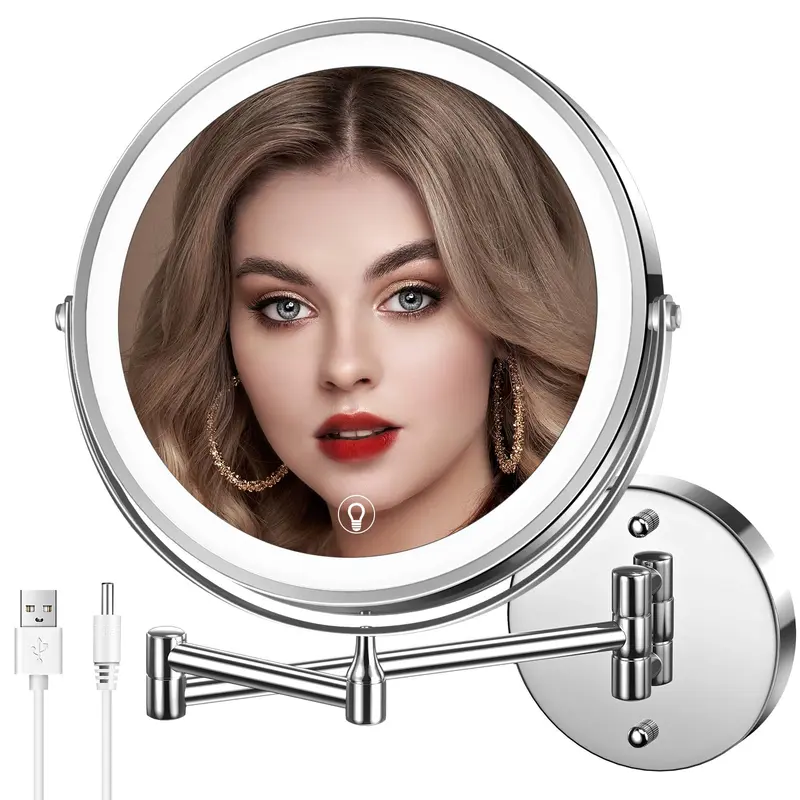 MNIENT Miroir Maquillage Murale Lumineux 8 pouces – Double Face 1x/10x, LED 3 Couleurs, Rechargeable