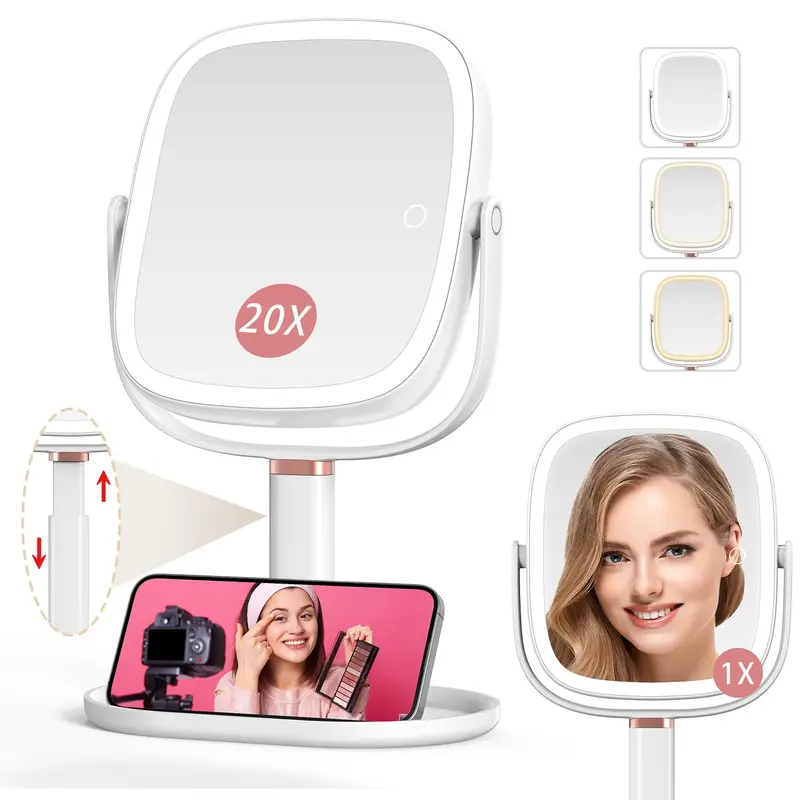 Mocado Miroir de Maquillage Lumineux – 1x/20x, 3 Couleurs, Hauteur Réglable, Rotation 360°, Mémoire (Blanc)