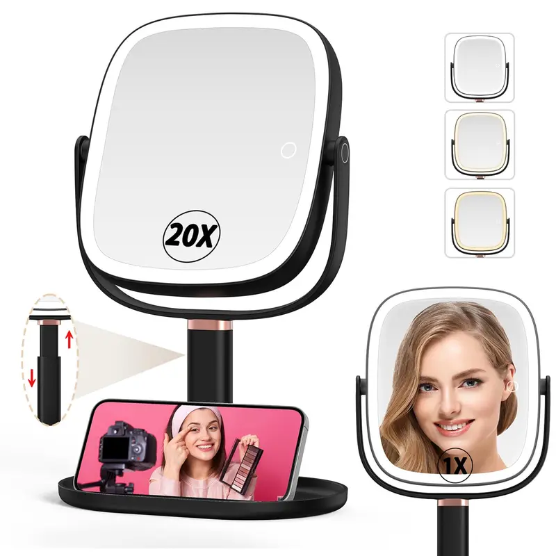 Mocado Miroir de Maquillage Lumineux 1x/20x – 3 Modes d'Éclairage, Hauteur Réglable et Rotation 360°