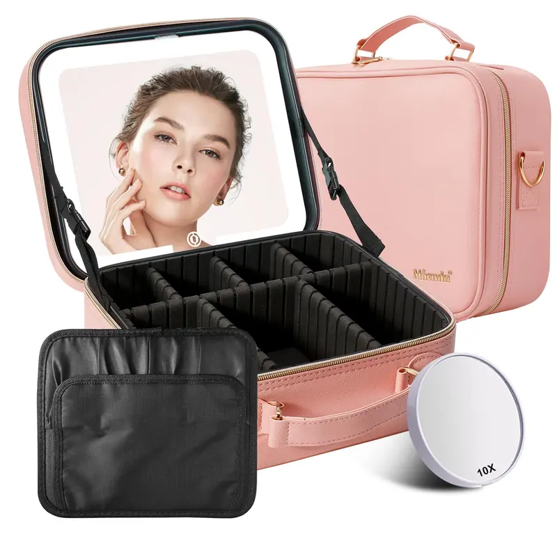 Mocado Trousse de maquillage de voyage avec miroir éclairé et grossissement 10x – Rose
