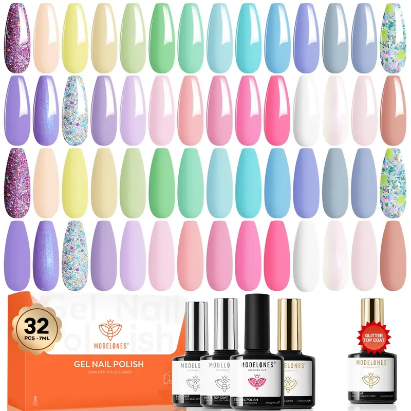 Modelones 32PCS Vernis Gel Printemps – 28 Couleurs Pastel, Base Sans Essuyage et Finitions Brillant, Mat et Étincelant – Kit Nail Art LED