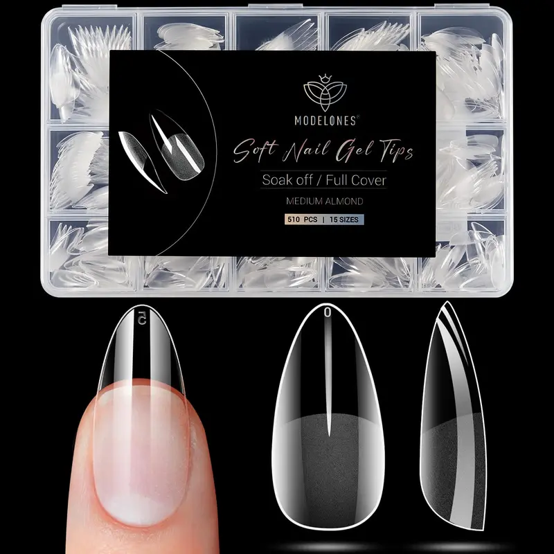 Modelones Embouts Ongles Amande – 510 Pièces, Demi‑Mat, 15 Tailles, Gel Acrylique