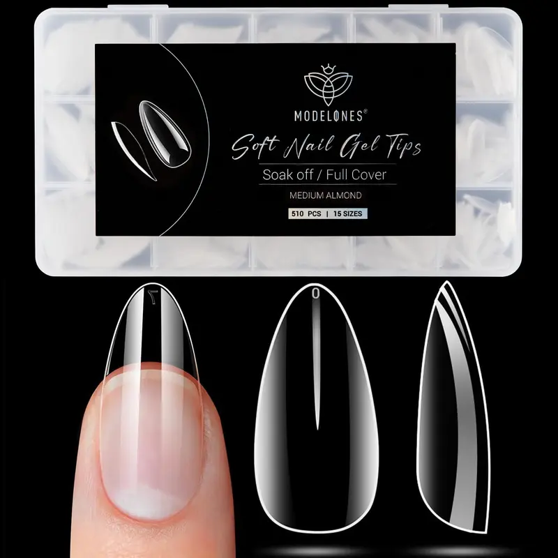 Modelones Embouts Ongles Amande Transparente – 510 Pièces, 15 Tailles, Pose Facile