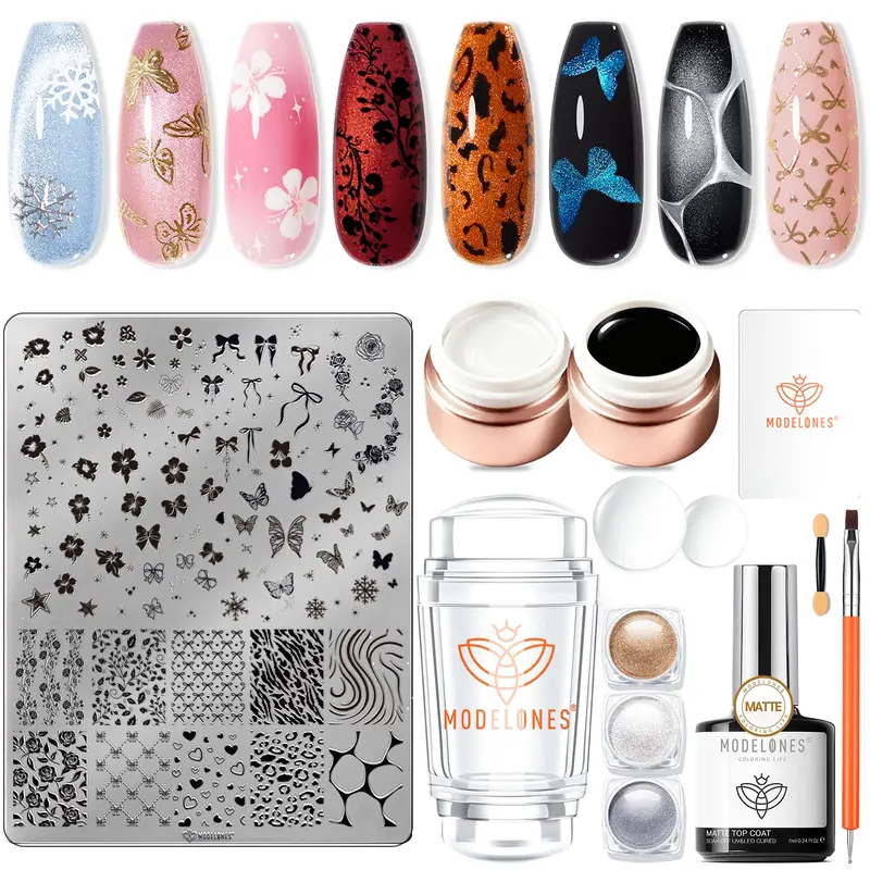 Modelones – Ensemble de 16 pièces plaques d'impression pour ongles, motifs variés et French tip