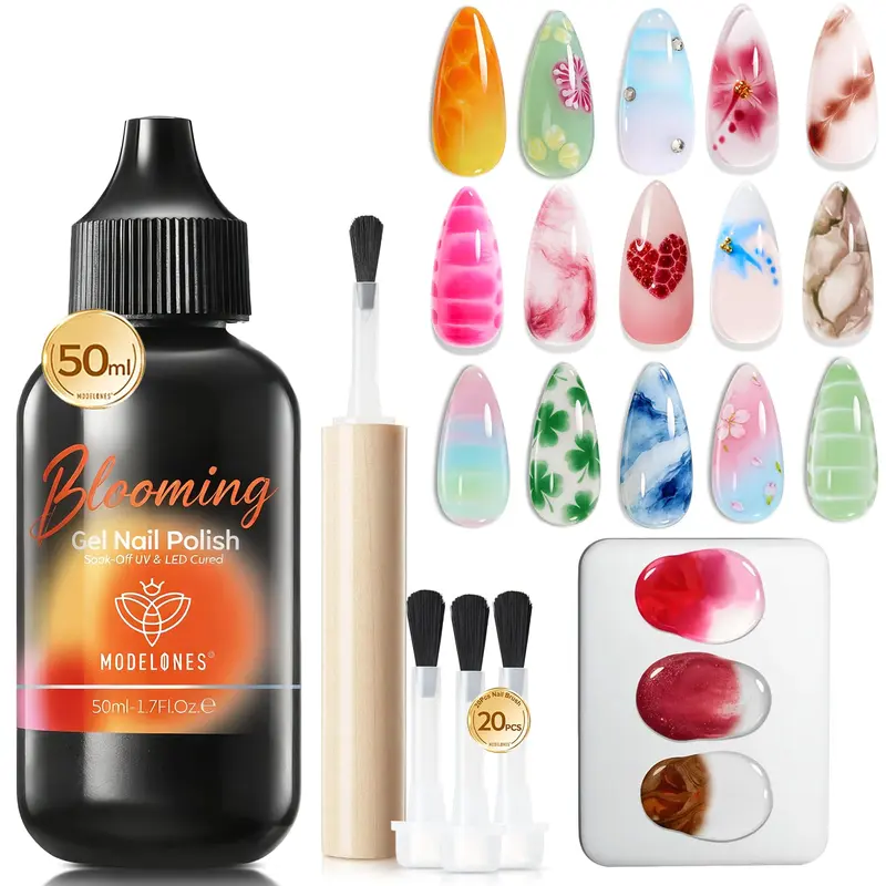 modelones Gel Blooming 50 ml – Kit Vernis Gel Clair, Palette d’Art et 20 Pinceaux pour Ongles