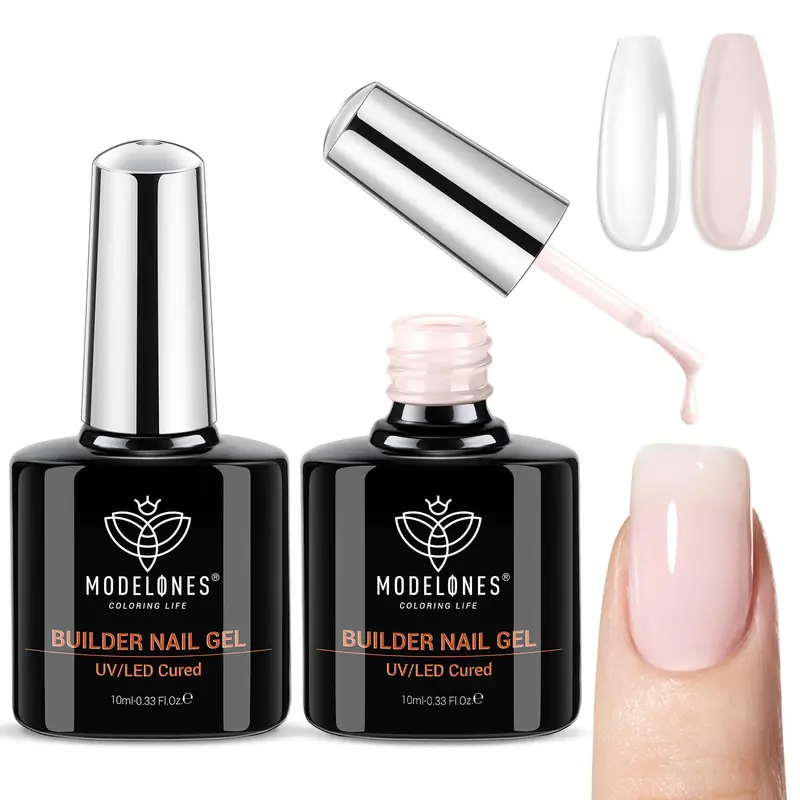 Modelones Gel Constructeur Builder – 2×10 ml Clair et Teinte Peau, 8-en-1 pour Ongles, UV/LED