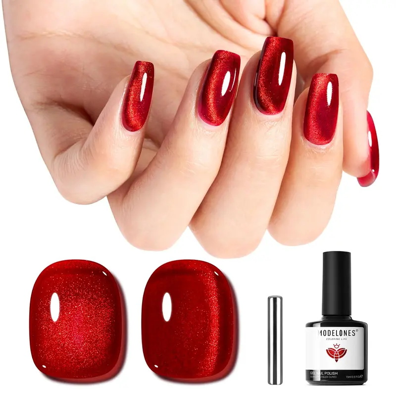 Modelones Gel Œil de Chat Rouge Magnétique – Vernis Gel Pailleté 15 ml