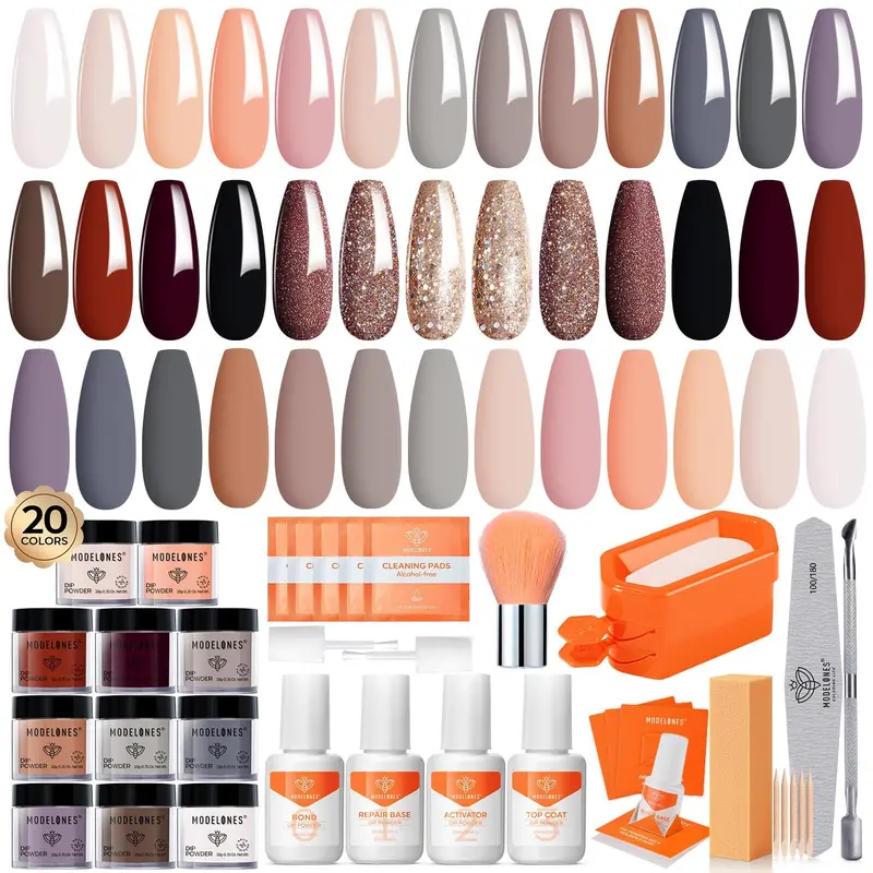 Modelones Kit Dip-Poudre pour Ongles – 20 Couleurs, Base et Activateur – Nail Art Professionnel à Domicile