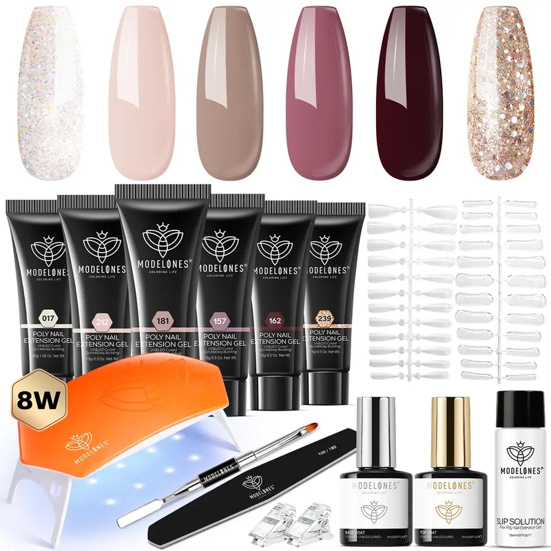 Modelones Kit Gel Extension Poly – 6 Couleurs + Lampe LED 8W – Kit Débutant pour Ongles à Domicile