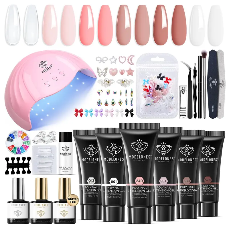 Modelones Kit Gel Extension Poly – 6 Couleurs, Lampe UV/LED 48W, Accessoires Manucure Débutant