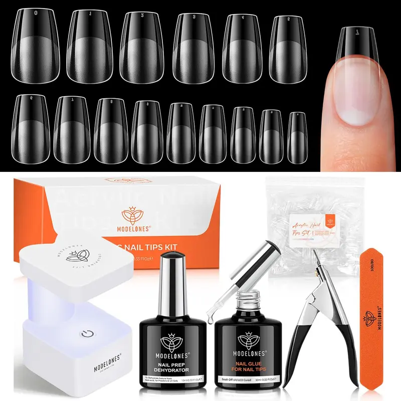Modelones Kit Gel Ongles – Coffin Court, 510 Pièces, 15 Tailles, Lampe UV/LED Portable et Colle 9-en-1