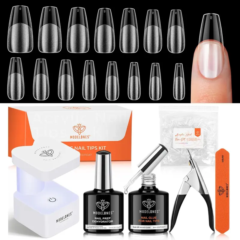 Modelones Kit Gel Ongles Forme Cercueil Moyenne – 510 Extensions Coffin, Colle 9-en-1, Déshydrateur, Lampe Portable UV et LED, Coupe-Ongles