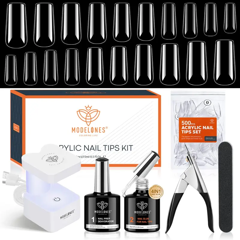 Modelones Kit Gel Ongles X – 500 Pièces, Pointes Carrées, Lampe UV Portable, Colle 9-en-1