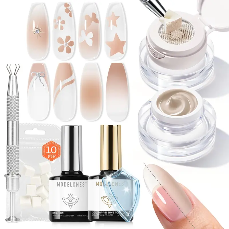Modelones Kit Gel Pat pour Ongles – Nude, Base et Couche de Finition, Ombre et Aura French