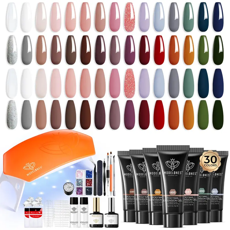 Modelones Kit Gel Poly Main et Pied – 30 Couleurs Terreuses, Lampe UV 8W, Outils Manucure