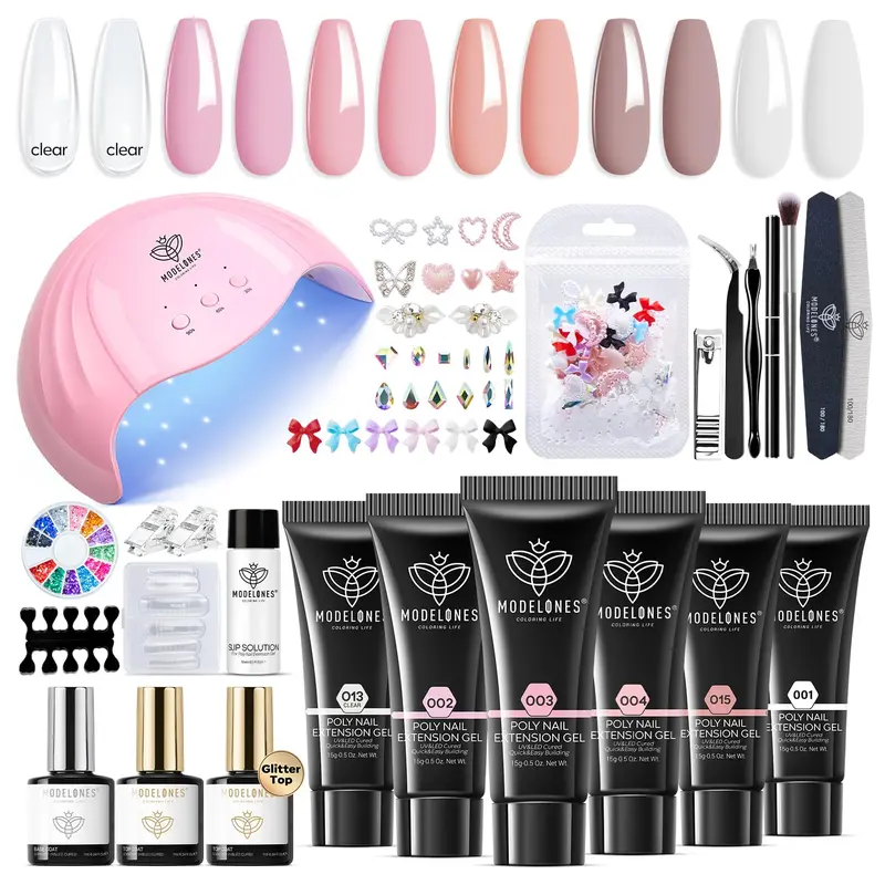 Modelones Kit Gel Poly Nail — 6 Couleurs, Lampe UV/LED 48W, Charms 3D et Starter Complet