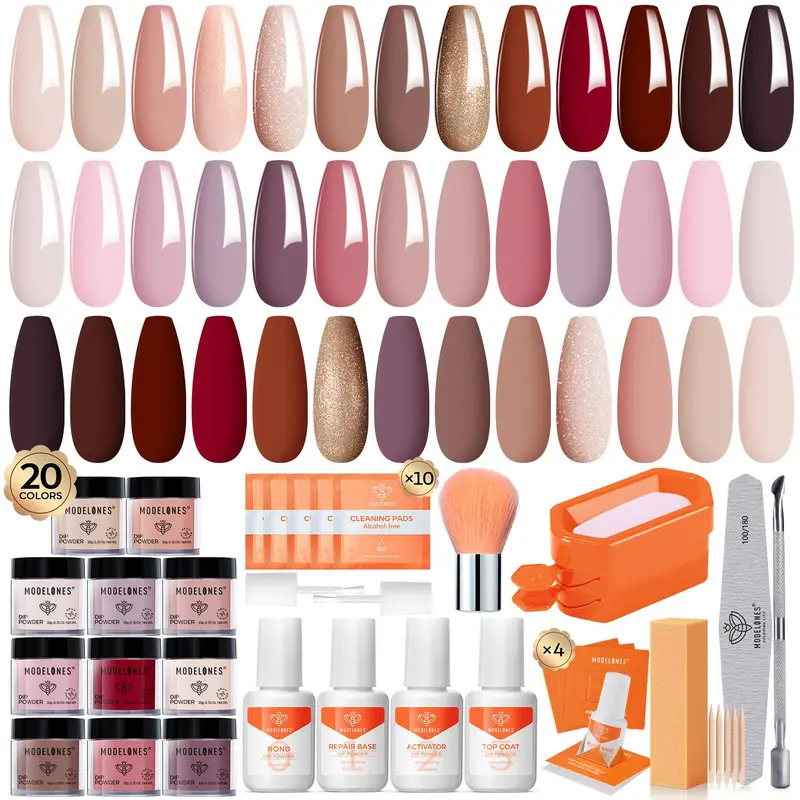Modelones Kit Poudre d’Immersion – 20 Couleurs, Base, Activateur et Couche Finale pour Nail Art à Domicile