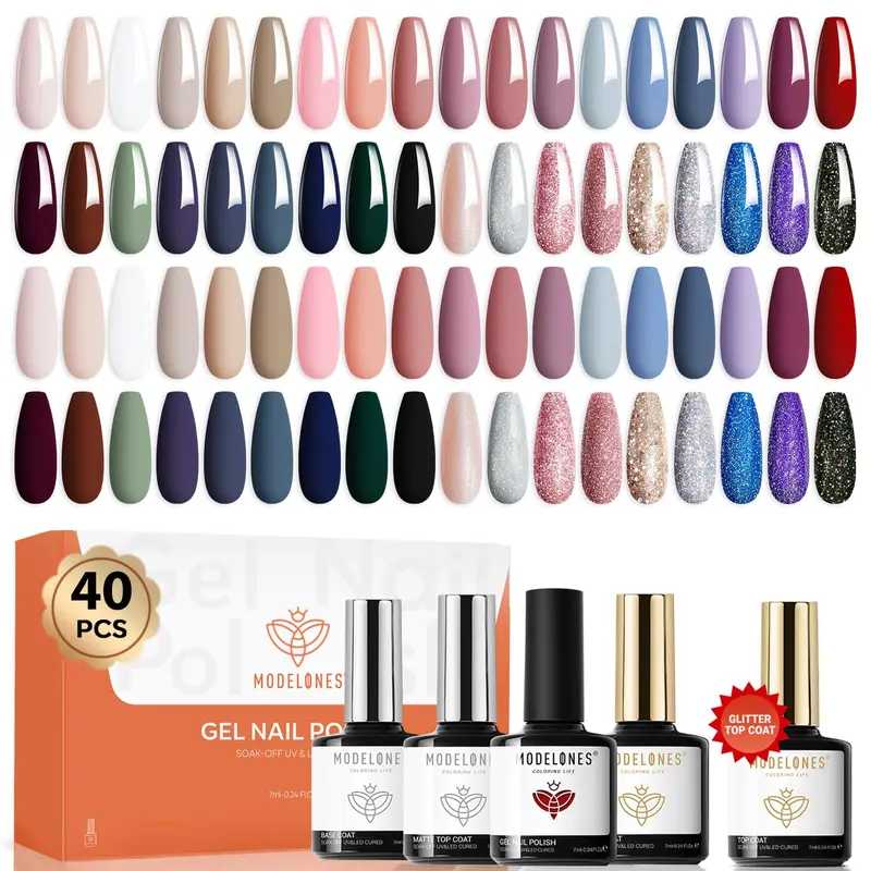 Modelones Kit Vernis Gel 40 Pièces – 36 Couleurs Automne/Hiver + Base Coat et Top Coat | Lampe LED Incluse