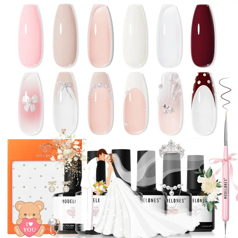 Modelones Kit Vernis Gel 6 Couleurs Nude Rose Blanc Brun – Base Translucide, Autocollants Perles et Pinceau