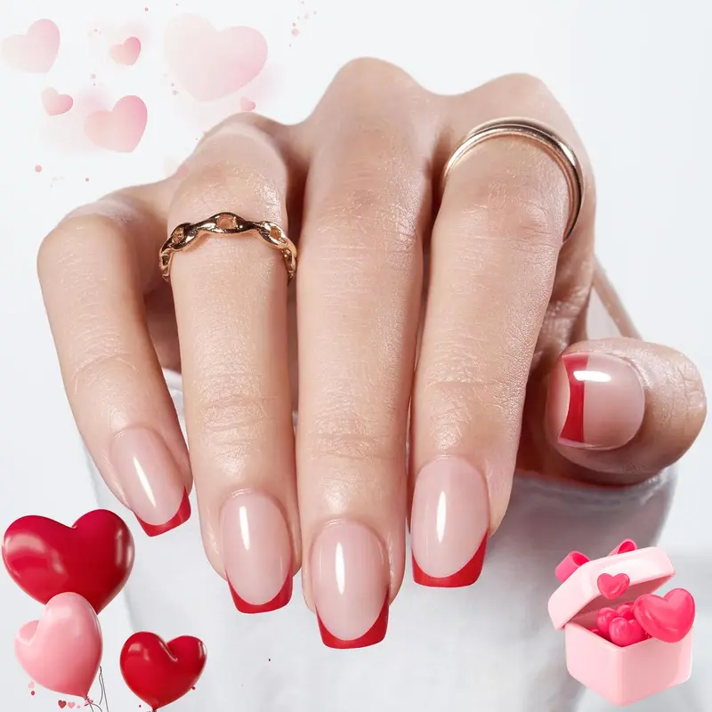 Modelones Ongles Autocollants Réutilisables – Rouge Rose Pâle, Carré, 32 pièces, 16 tailles