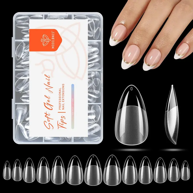 Modelones – Ongles en gel en amande courts, kit 216 pièces, 12 tailles – Manucure à domicile