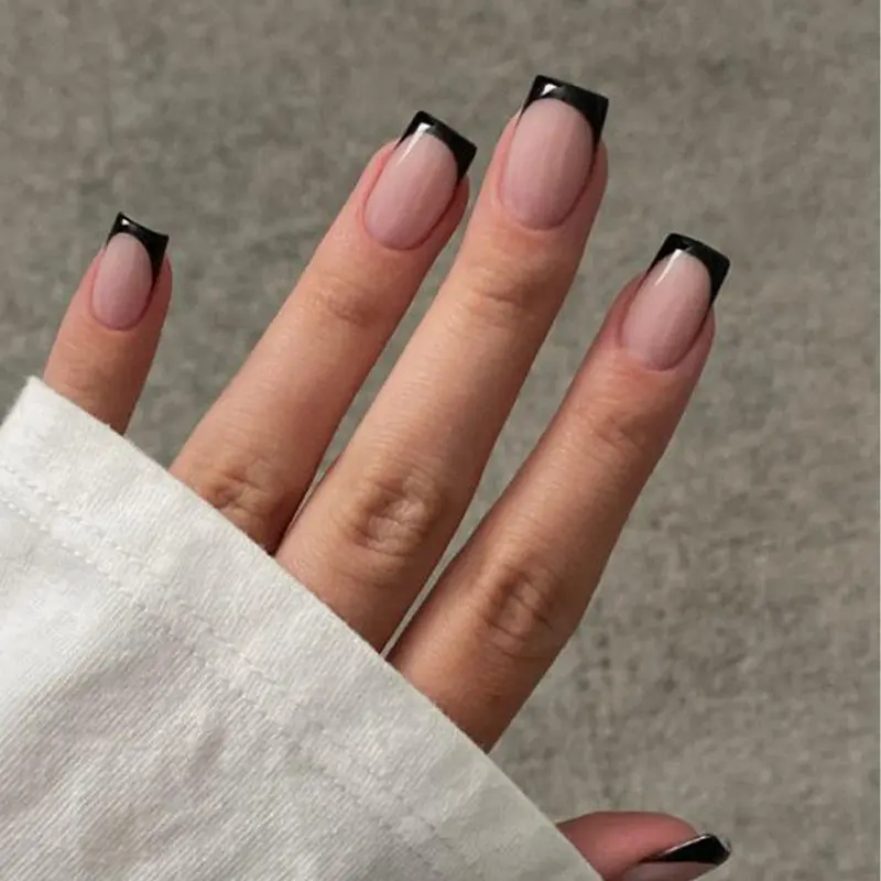 Modelones Ongles Fausse Noirs – Bout Français Courts Carrés, Kit Ongles à Poser 32 pièces (16 tailles) avec Colle et Tabs