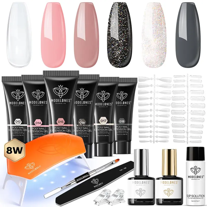 Modelones Poly Gel Nail Kit – 6 Couleurs + Lampe 8W | Kit de démarrage Manucure DIY