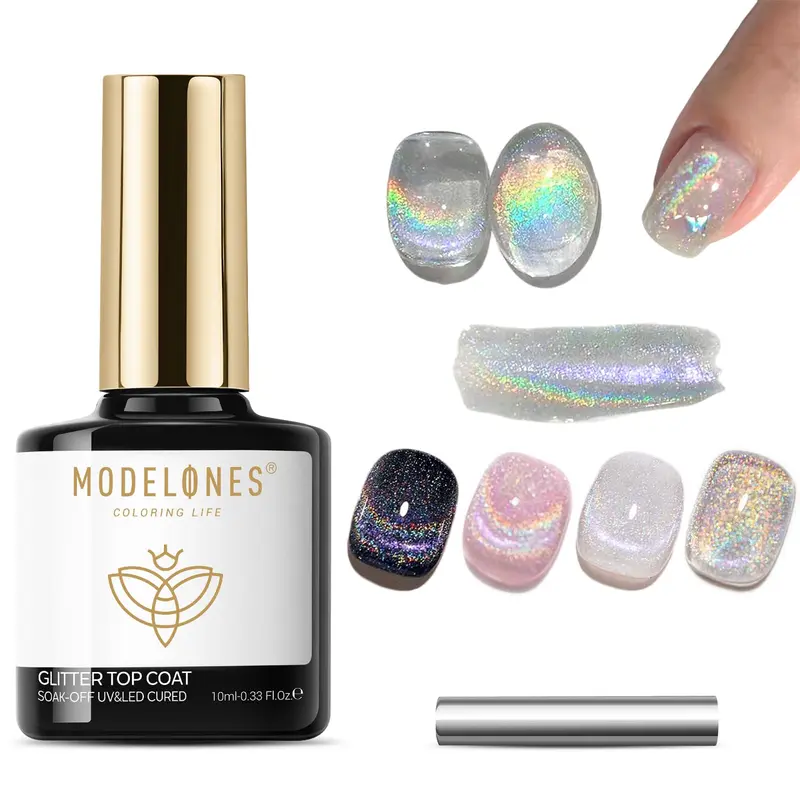 Modelones Rainbow Cat Eye Gel Top Coat – Gel clair 9D magnétique, fini holographique, 10 ml