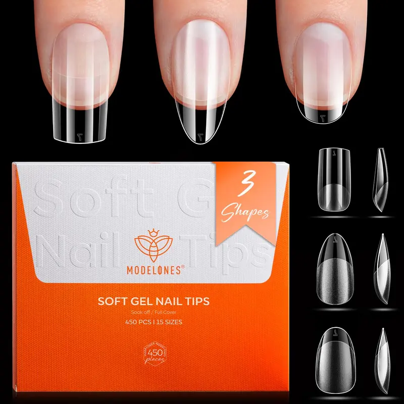 Modelones Tips d’ongles en gel – Amande court, Carré et Rond – Kit 450 pièces, 15 tailles