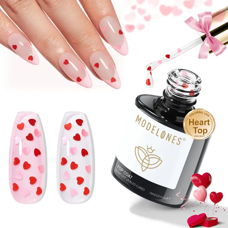 Modelones Top Coat Gel Cœurs – 15 ml, 2-en-1 sans essuyage, fini brillant avec cœurs rouges et roses