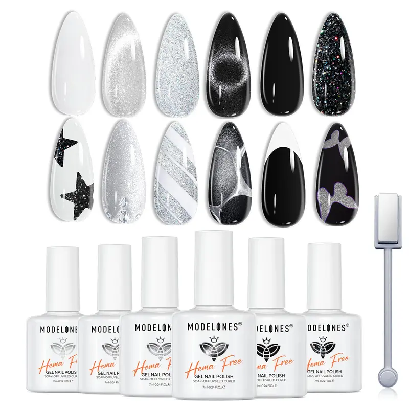 Modelones Vernis Gel – Kit 6 Couleurs Noir Blanc Argent Gris Œil-de-chat Glitter – Sans HEMA/TPO, UV et LED