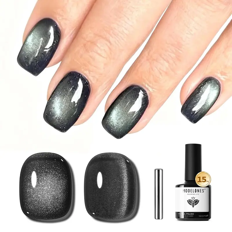 Modelones Vernis Gel Noir Œil-de-Chat – Effet Magnétique, Paillettes Holographiques 15 ml