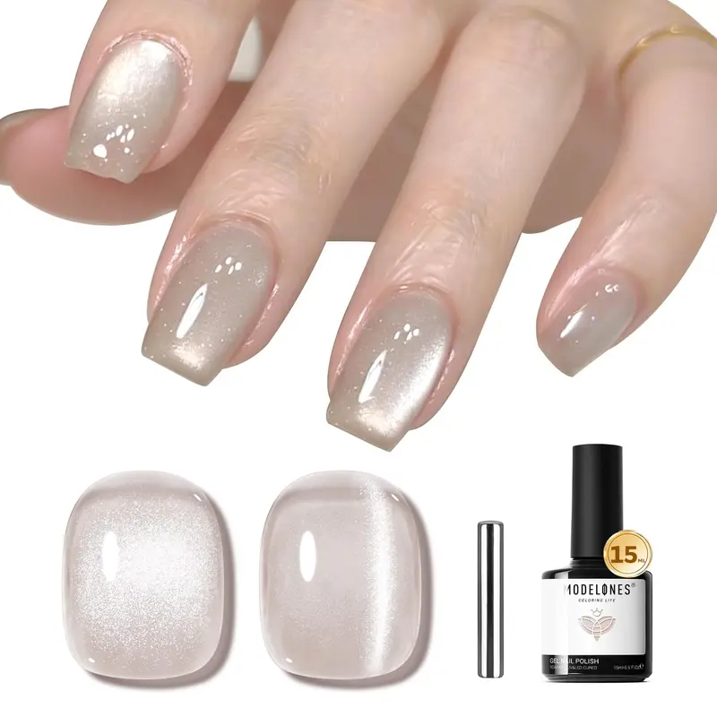 Modelones Vernis Gel Œil-de-chat Silk Nude Argent Moonlight – Effets holographiques, aimant magnétique, 15 ml