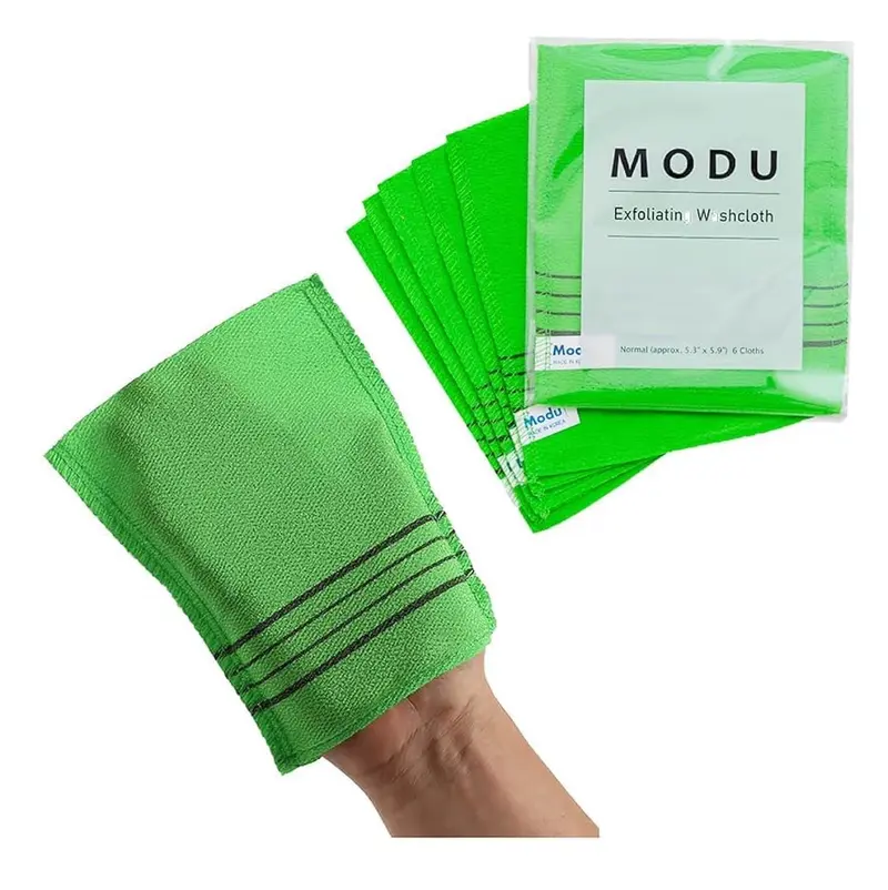 Modu Gants Exfoliants Coréens Lot de 6 (Vert) – Spa à Domicile, Gants pour Corps, Viscose Végan