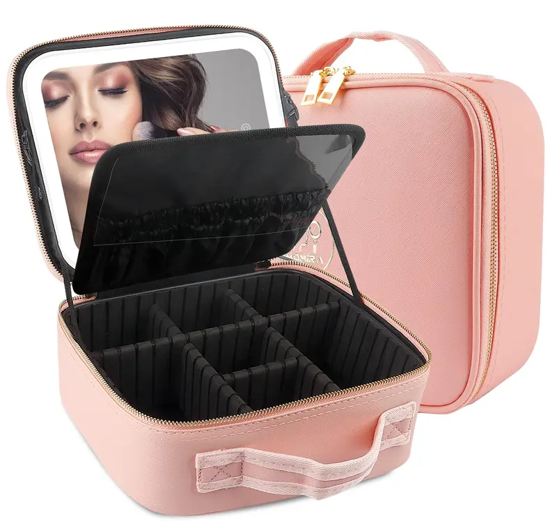 MOMIRA - Coffret Maquillage Portable avec Lumière et Miroir 4K, Grand Organisateur Rose