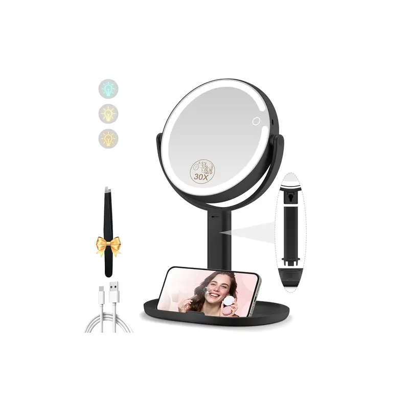 MOMOKUBA Miroir de Maquillage avec Lumières – Double Face 1x/30x, Rechargeable, 3 Couleurs, Rotation 360°, Amovible
