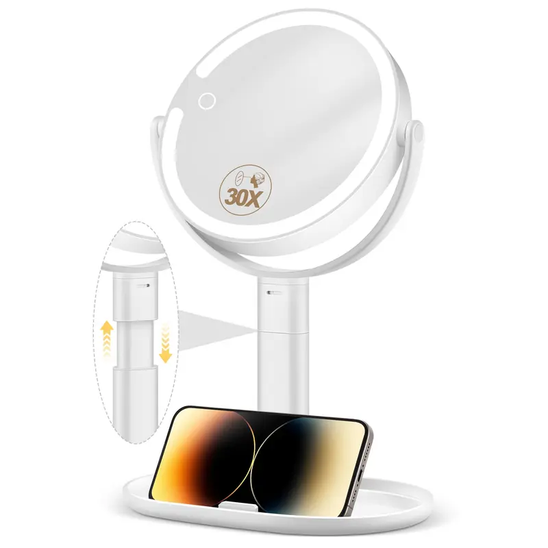 MOMOKUBA Miroir Maquillage avec Lumières – Grossissement 30x, Hauteur Réglable, 64 LEDs, 3 Modes