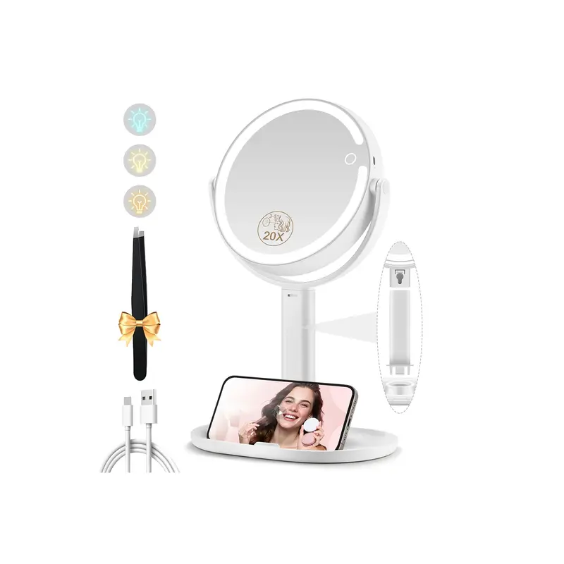 MOMOKUBA Miroir Maquillage Lumineux 1x/20x – LED, Rechargeable, Rotation 360°, 3 Couleurs