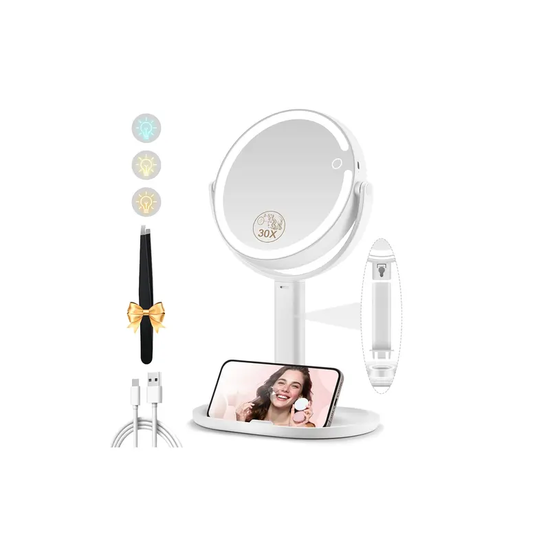 MOMOKUBA Miroir Maquillage Lumineux 1x/30x – LED Rechargeable, 360° et 3 Couleurs (Blanc)