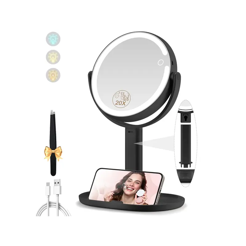 MOMOKUBA Miroir Maquillage Lumineux Double Face 1x/20x – Rechargeable
