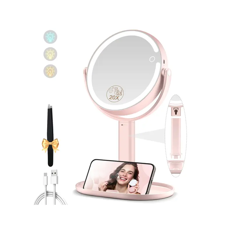 MOMOKUBA Miroir Maquillage Lumineux Double Face 1x/20x – Rotation 360°, 3 Couleurs, Rechargeable